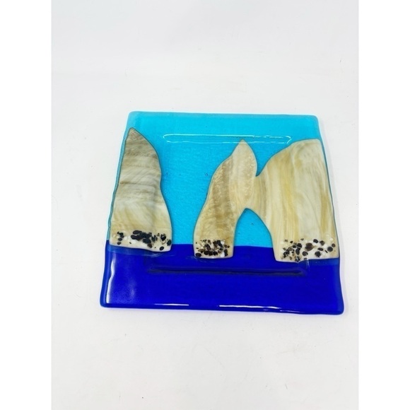 LOS CABOS Square Blue Beige Fused Glass Platter Serving Plate 11” X 11” - Picture 1 of 6